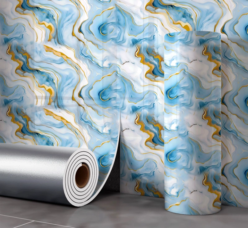Easy Install 3D Gilding Gental Light Blue Wallpaper Wall Sticker Thick XPE Marble Wall Covering