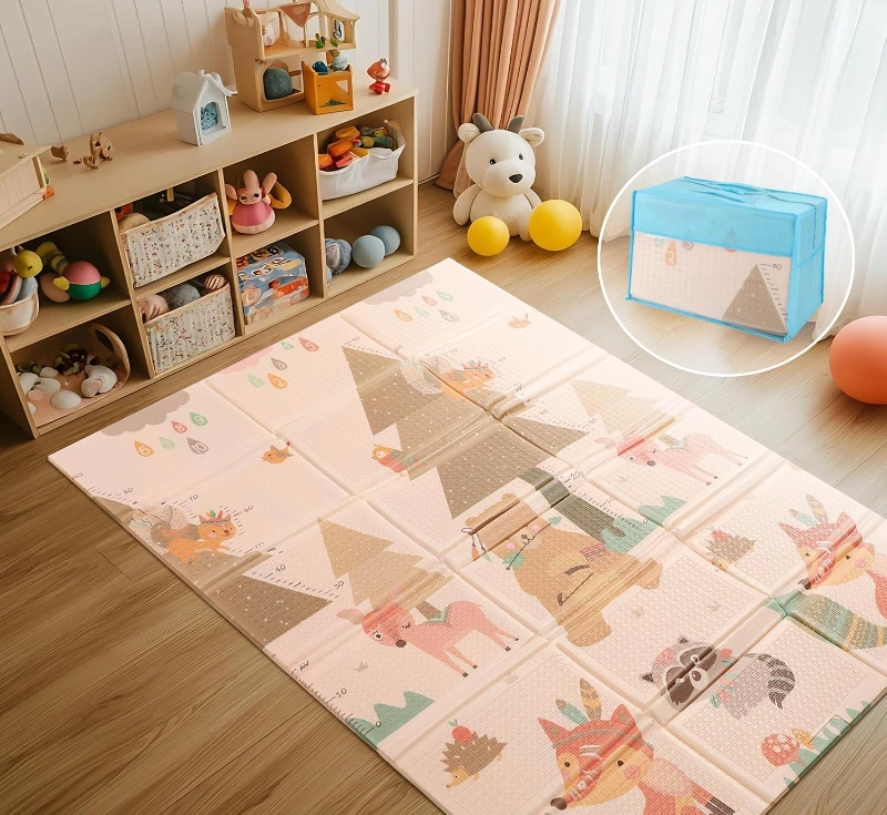 Foam Foldable Baby Crawling Mat with Reversible Animal Friends Double-Sided Patterns